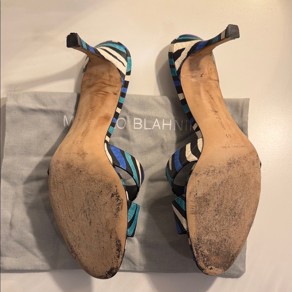 Manolo Blahnik Blue and Black Striped Heels - Picture 4 of 6